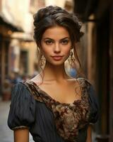retrato de un hermosa joven mujer en un calle en Roma Italia generativo ai foto