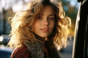 portrait of a beautiful young woman in a car generative ai photo