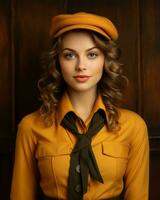 portrait of a beautiful young woman in a yellow dress and a brown hat generative ai photo