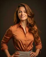 portrait of a beautiful young woman in an orange blouse standing in front of a black background generative ai photo