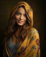 retrato de un hermosa joven mujer en un amarillo chal generativo ai foto