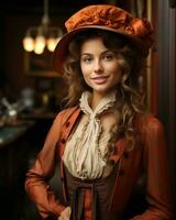 retrato de un hermosa joven mujer en un antiguo estilo victoriano vestir y sombrero generativo ai foto
