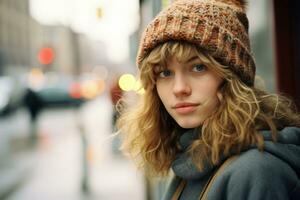portrait of a beautiful young woman in a winter hat generative ai photo