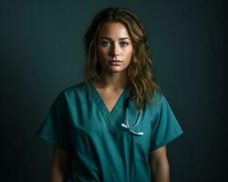 portrait of a beautiful young woman in blue scrub suit and stethoscope on dark background stock photo generative ai