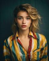 retrato de un hermosa joven mujer en a rayas camisa generativo ai foto