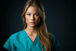 portrait of a beautiful young woman in blue scrubs stock photo generative ai