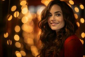 portrait of a beautiful young woman in red dress in front of christmas lights generative ai photo