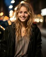 portrait of a beautiful young woman in the city at night generative ai photo