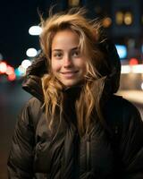 retrato de un hermosa joven mujer en el ciudad a noche generativo ai foto