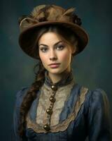 retrato de un hermosa joven mujer en victoriano vestir y sombrero generativo ai foto