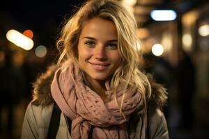 retrato de un hermosa joven mujer en el ciudad a noche generativo ai foto