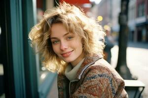 portrait of a beautiful young woman sitting on a bench in the city generative ai photo