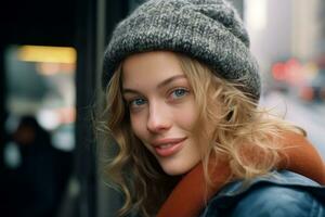 portrait of a beautiful young woman wearing a knitted hat on a bus in new york city generative ai photo