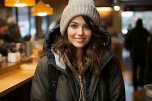 portrait of a beautiful young woman wearing a beanie in a coffee shop generative ai photo