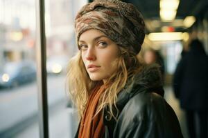 portrait of a beautiful young woman wearing a turban on a train generative ai photo