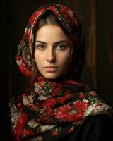 retrato de un hermosa joven mujer vistiendo un rojo y negro Pañuelo generativo ai foto