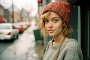 portrait of a beautiful young woman wearing a knitted hat on the street generative ai photo