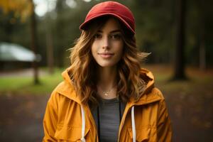 retrato de un hermosa joven mujer vistiendo un amarillo chaqueta y un rojo béisbol gorra generativo ai foto