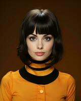 retrato de un hermosa joven mujer con negro pelo y un naranja parte superior generativo ai foto