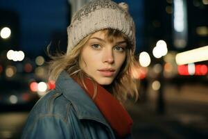 portrait of a beautiful young woman with a beanie on the street at night generative ai photo