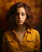 retrato de un hermosa joven mujer con marrón pelo y un amarillo camisa generativo ai foto