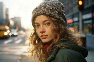 portrait of a beautiful young woman with a beanie on the street in new york city generative ai photo