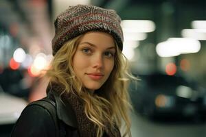 retrato de un hermosa joven mujer con un sombrero en el ciudad a noche generativo ai foto