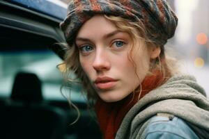 portrait of a beautiful young woman with a hat and scarf in front of a car generative ai photo