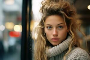 portrait of a beautiful young woman with blue eyes looking at the camera generative ai photo
