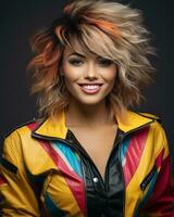 portrait of a beautiful young woman with colorful hair and colorful jacket on black background generative ai photo