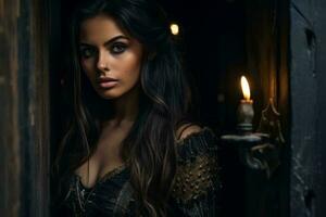 portrait of a beautiful young woman with long dark hair in a dark room with candles generative ai photo