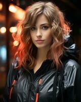 portrait of a beautiful young woman with red hair in a black jacket generative ai photo