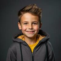 retrato de un linda pequeño chico en un gris capucha en un oscuro antecedentes generativo ai foto