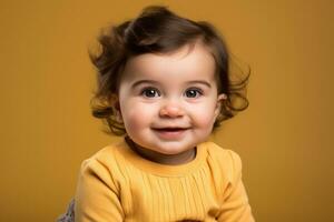 portrait of a cute baby girl on a yellow background generative ai photo