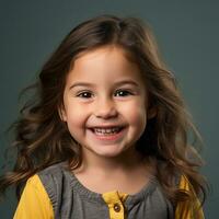 retrato de un linda pequeño niña sonriente en un gris antecedentes generativo ai foto