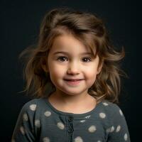 retrato de un linda pequeño niña en un negro antecedentes generativo ai foto