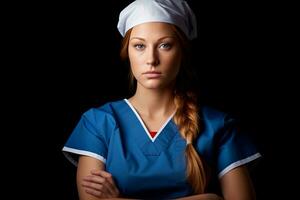 portrait of a female nurse isolated on black background stock photo generative ai