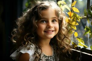 retrato de un linda pequeño niña mirando fuera el ventana generativo ai foto