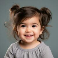 portrait of a cute little girl with messy hair on grey background generative ai photo