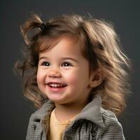 retrato de un linda pequeño niña con Rizado pelo en un gris antecedentes generativo ai foto