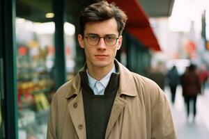 portrait of a handsome young man wearing glasses and coat standing in front of a shop generative ai photo