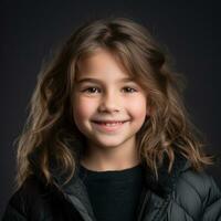 portrait of a little girl with long hair and a black jacket generative ai photo