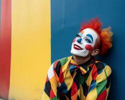 retrato de un sonriente payaso con rojo pelo en contra un vistoso antecedentes valores foto generativo ai