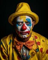 portrait of a sad clown on a black background stock photo generative ai