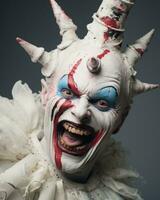 portrait of a scary clown isolated on a dark background stock photo generative ai