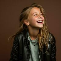 portrait of a smiling little girl wearing a black leather jacket on a brown background generative ai photo