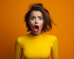 portrait of a surprised woman with open mouth on an orange background stock photo generative ai