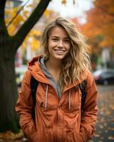 portrait of a smiling young woman in an orange jacket standing in front of an autumn tree generative ai photo