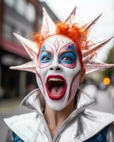 portrait of a woman dressed as a clown on a street in vancouver canada generative ai photo