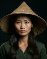 retrato de un vietnamita mujer vistiendo un cónico sombrero generativo ai foto